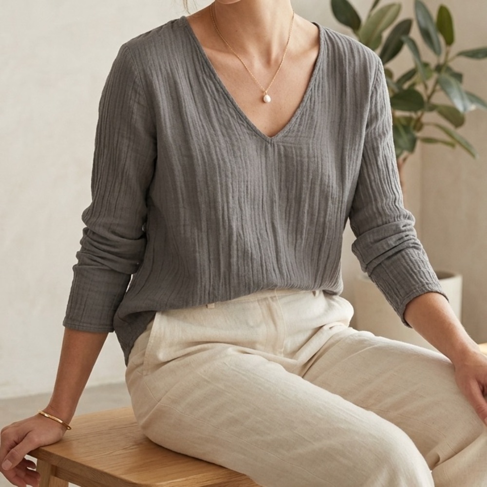 ZARA Grey Cotton V-Neck Long Sleeve Top